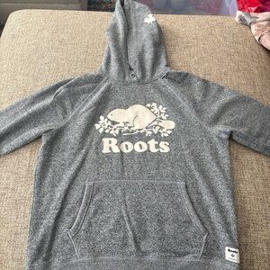 Roots Heather Gray Hoodie with Beaver Design